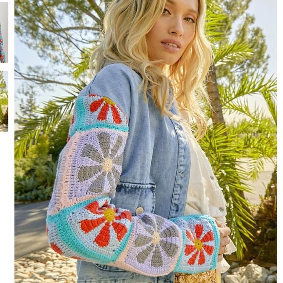 Mystree Crochet Sleeve Medium Wash Denim Jacket Bohemian Size M - Picture 8 of 11